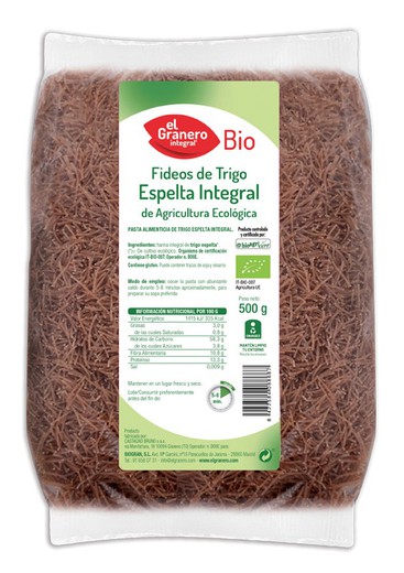 Fideos Finos Espelta Integral Bio 500 gr de El granero