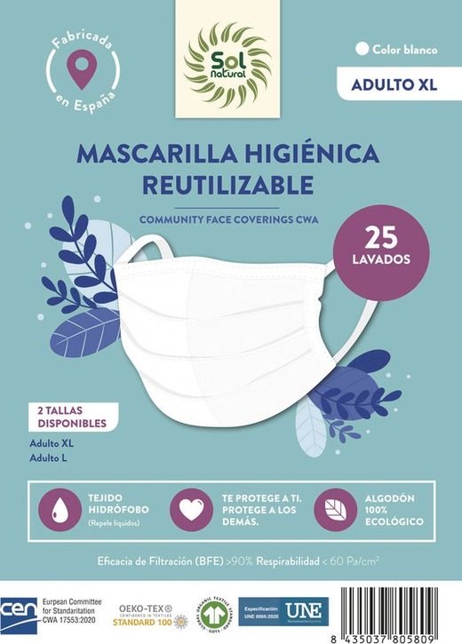 Mascarilla Algodón Adulto (+12 Años) de Solnatural