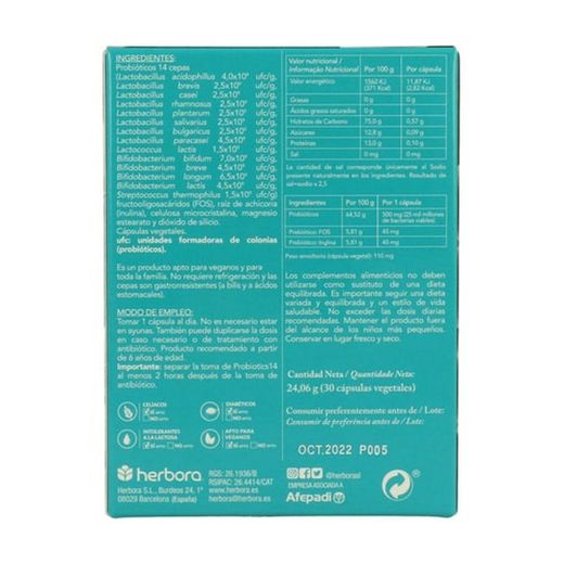 Probiotics 14 cepas + Prebioticos 30 cápsulas Herbora
